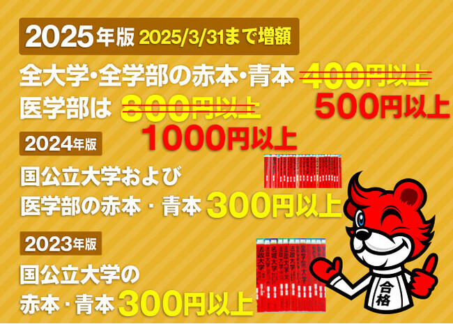 2025年も赤本買取価格増額キャンペーンを開催！2025年版赤本は500円以上、医学部は1000円以上に！