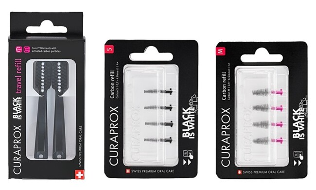 【新商品情報】スイス発プレミアム歯ブラシ「クラプロックス」からブラックイズホワイトのトラベル用として、歯ブラシ (黒) リフィル、 歯間ブラシS リフィル4本、歯間ブラシM リフィル4本が登場