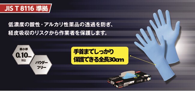 手首までしっかり保護できる！全長30cmのロングタイプ耐薬品手袋を新発売