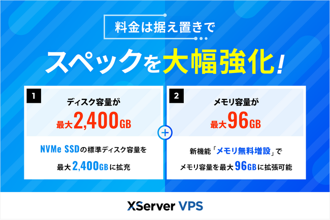 サーバー性能・コスパNo.1の『XServer VPS』がスペックを大幅強化！ディスク容量が最大24倍＆メモリ1.5倍でさらに圧倒的なサーバー環境へ
