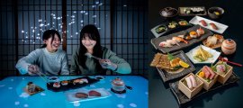 総本家 小鯛雀鮨 すし萬 リーガロイヤル店でのマルチセンサリーダイニングのイメージ(左)、コース料理のイメージ(右) 総本家 小鯛雀鮨 すし萬 リーガロイヤル店でのマルチセンサリーダイニングのイメージ(左)、コース料理のイメージ(右)