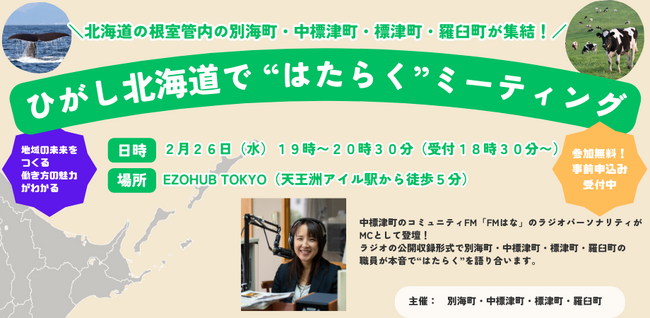 【ラジオの公開収録形式で根室管内の4町が“はたらく”を語り合う】2月26日（水）開催「ひがし北海道で“はたらく”ミーティング」のMCと登壇者を追加発表