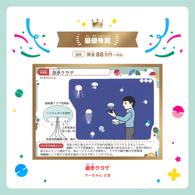 ＼応募総数2,378件から最終受賞12作品を選出／第2回「ガシャポン(R)ドリームコンテスト」最優秀作品は「遊歩(ゆうほ)クラゲ」 マーちゃんさん、U-12大賞は「カプでん」 SAKIさん
