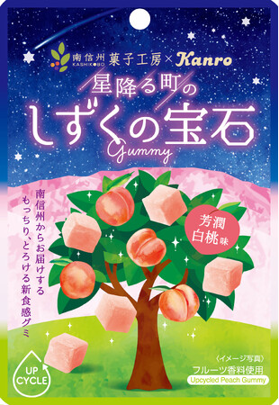 南信州菓子工房と共同開発したアップサイクルグミ　カンロ 「しずくの宝石グミ芳潤白桃味」 発売