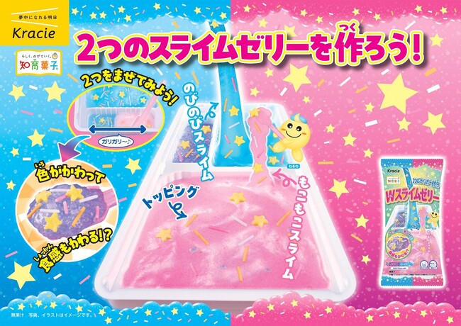 「のびのびスライム」「もこもこスライム」2つのスライムが作れるお菓子「Wスライムゼリー」を3月3日から新発売
