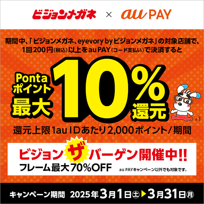 au PAY（コード支払い）利用で、Pontaポイント最大10%還元　全国99店舗で実施、3月1日～　新商品も対象、春の新生活に向けてお得に眼鏡の買い替えを！