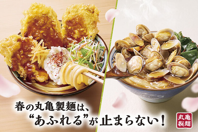 完全新作！大きな豚天3枚とできたてうどんで、おいしさあふれる『甘辛しょうがダレのはみ出る豚天ぶっかけうどん』今年も帰ってきた春の定番！旨みあふれる『山盛りあさりうどん』