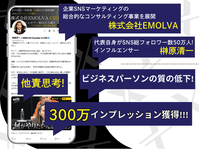 【X投稿300万インプレッション達成】企業SNSマーケティング事業を展開する(株)EMOLVA代表・インフルエンサーの榊????原清一が警鐘「他責思考が働き方改革を蝕む現状」とは