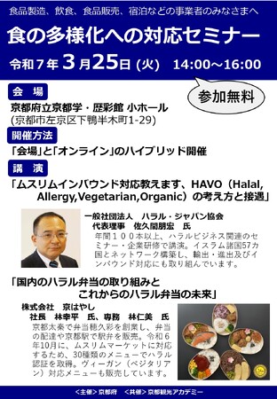 【京都府】ムスリムの食文化への対応方法を学ぶ~「食の多様化への対応セミナー」を3月25日に開催~