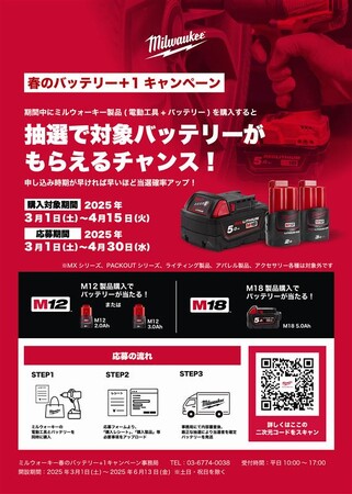 ミルウォーキー製品を買うと、バッテリーが当たる！「春のバッテリー＋1キャンペーン」