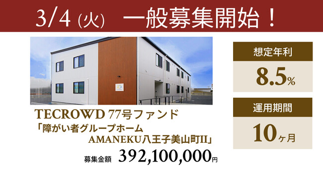 【想定年利8.5%】不動産クラウドファンディング「TECROWD」、国内開発型ファンド「障がい者グループホーム　AMANEKU八王子美山町II」を投資対象とするファンド募集開始