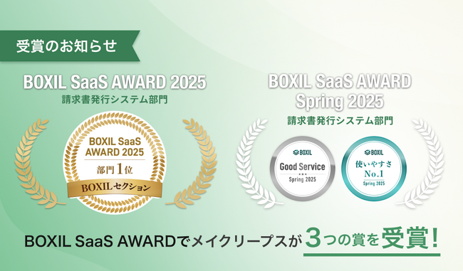クラウド型請求管理サービスMakeLeaps「BOXIL SaaS AWARD 2025」 BOXILセクション「請求書発行システム部門」1位に選出
