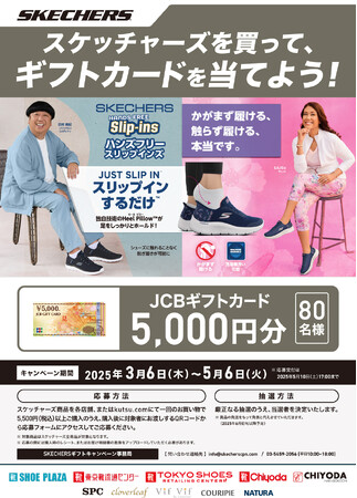 スケッチャーズ商品ご購入で「JCBギフトカード」が80名様に当たる！全国のシュープラザ、東京靴流通センター他各店舗と、公式オンラインショップで、３月６日よりプレゼントキャンペーン開催。