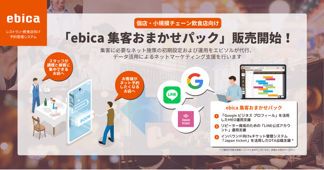 飲食店向け予約管理システム「ebica」を運営する株式会社エビソルが個店・小規模チェーン飲食店の集客課題を解決する「ebica 集客おまかせパック」の提供を開始