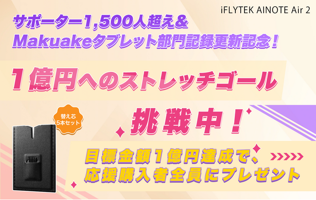 サポーター1,500人超え＆Makuakeタブレット部門記録更新記念！1億へのストレッチゴール挑戦中！音声文字起こし×手書きノート「iFLYTEK AINOTE Air 2」