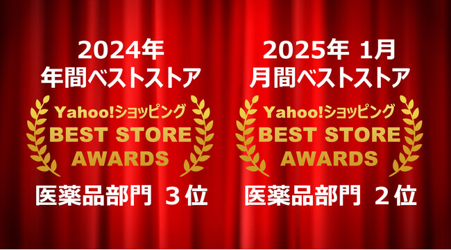 「Yahoo!ショッピング年間ベストストア2024」医薬品部門３位、「Yahoo!ショッピング月間ベストストア2025年1月」医薬品部門２位をダブル受賞
