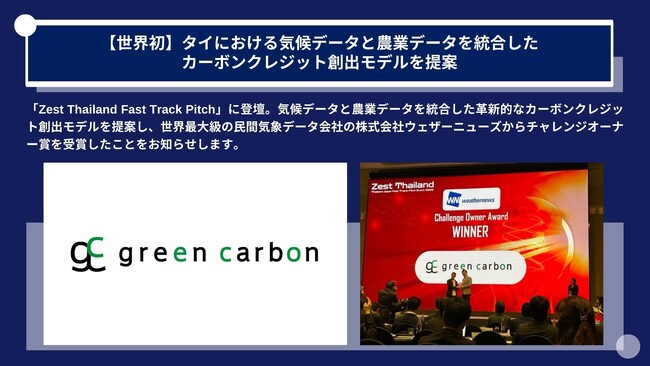 【世界初】GreenCarbon 株式会社は、JETRO主催のイベントにて、タイにおける気候データと農業データを統合したカーボンクレジット創出モデルを提案