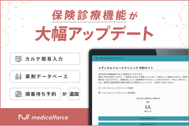 medicalforce、「保険診療機能」を大幅にアップデート　皮膚科・形成外科をはじめとするクリニックの患者体験向上・業務効率化に貢献