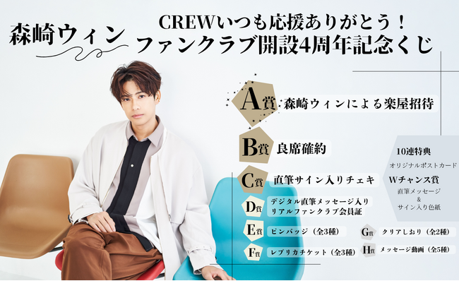 楽屋招待や直筆サイン入りチェキが当たる！ぴあのオンラインくじサービス「Pickzy（ピクジー）」にて「森崎ウィン CREWいつも応援ありがとう！ファンクラブ開設4周年記念くじ」を販売開始！