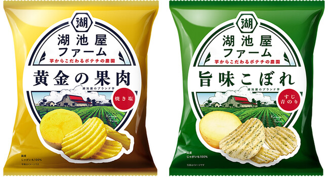 【「湖池屋ファーム」から美味しいじゃがいもが届きました！】“湖池屋のブランド芋”でつくる、芋からこだわるポテトチップスがリニューアル 「湖池屋ファーム 黄金の果肉 焼き塩／旨味こぼれ すじ青のり」