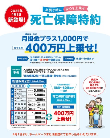 都道府県民共済グループとして初となる“死亡特約”　一律400万円の保障で家計の負担を抑えた新保障『死亡保障1型特約』が4月1日(火)新登場