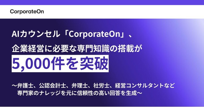 AIカウンセル「CorporateOn」、企業経営に必要な専門知識の搭載が5,000件を突破