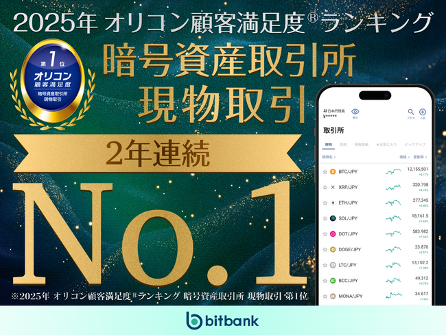 【暗号資産取引ならビットバンク】オリコン顧客満足度(R)調査「暗号資産取引所 現物取引」で 2 年連続総合 1 位を獲得！