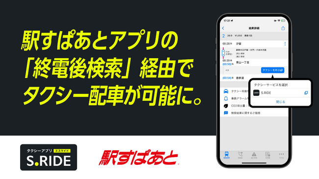 タクシーアプリ「S.RIDE」、「駅すぱあとアプリ 」と連携開始