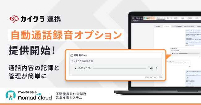 イタンジ、「カイクラ」連携により「ノマドクラウド」で通話ログ自動登録機能を提供開始