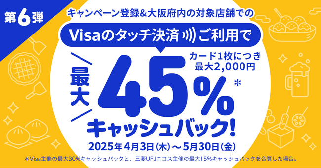 三菱UFJニコス、大阪でVisaカード会員向け“Visaのタッチ決済”キャンペーン第6弾実施　対象の商業施設・飲食店での利用で累計金額の最大45％をキャッシュバック！