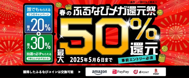 最大50％分の「ふるなびコイン」が還元される「最大50%分還元！2025春のふるなびメガ還元祭」を開始！