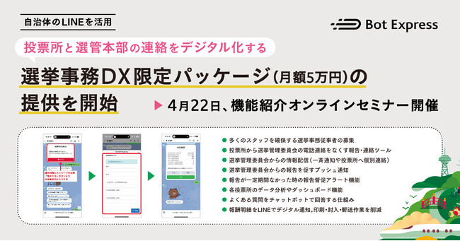 Bot Express、投票所と選管本部の連絡をデジタル化する「選挙事務DX限定パッケージ（月額5万円）」の提供を開始