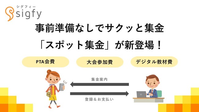 事前準備なしでサクッと集金！ PTA・地域クラブ・学校教材店の負担を減らす「スポット集金機能」が『sigfy（シグフィー）』に新登場！