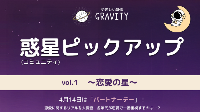 やさしいSNS「GRAVITY(グラビティ)」、4月14日はパートナーデー！恋愛に関するリアルを大調査！各年代が恋愛で一番重視するのは…？