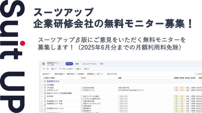 チームのタスク管理・プロジェクト管理ツール「スーツアップ」、企業研修会社の無料モニター募集