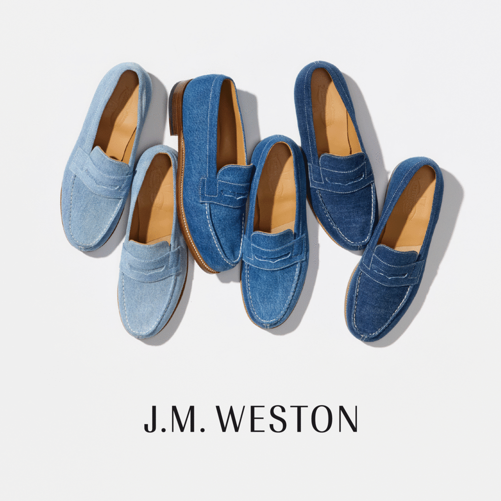 4/17（木）より、トゥモローランド下記店舗にて、職人の手により1足1足が中古のジーンズから裁断されたユニークなシューズ〈J.M. WESTON〉の180デニムローファーを発売。