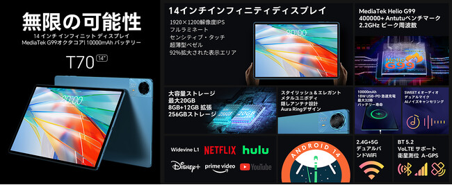 【14インチ+G99】Teclast最初14インチ大画面タブレット「T70」再入荷キャンペーン！高性能G99、10000mAh大容量+18W快充、1920×1200 IPS+Widevine L1対応