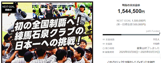 初の全国制覇へ！練馬石泉クラブの日本一への挑戦　＃感謝の思いを込めてのクラウドファンディング、目標を308%達成して終了