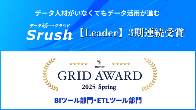 データ統一クラウド「Srush」、「ITreview Grid Award 2025 Spring」の２部門（BI ツール／ETLツール）において【Leader】を3期連続受賞