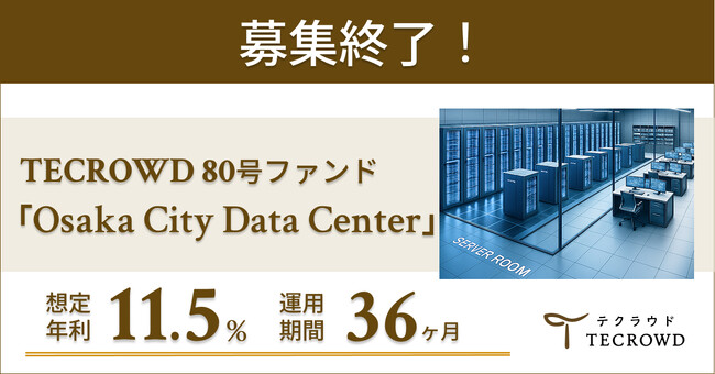 【想定年利11.5%】不動産クラウドファンディング「TECROWD」、国内インカムゲイン型ファンド「Osaka City Data Center」を投資対象とするファンド募集終了