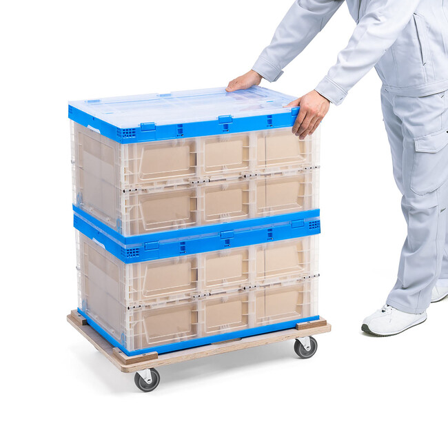 コンテナがずり落ちない200kgの高耐荷重で75Lと50Lのコンテナにピッタリサイズの木製ドーリーを4月30日に発売
