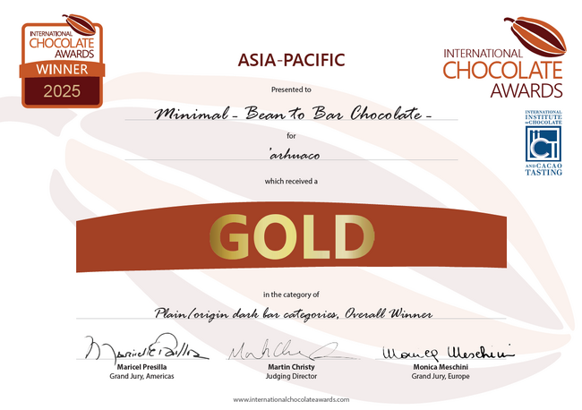Minimal、チョコレートの世界的品評会「International Chocolate Awards 2025」Asia-Pacific大会にて板チョコレート「'Arhuaco」が総合優勝！