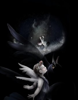 掲載作品の一例。幻想風景を得意とする黒基調が郷崎作品の特徴のひとつ