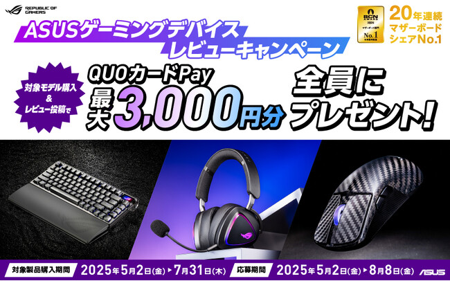 ASUSのゲーミングデバイス製品を購入してレビューを投稿するとQUOカードPay最大3,000円分がもらえるキャンペーンを開催！
