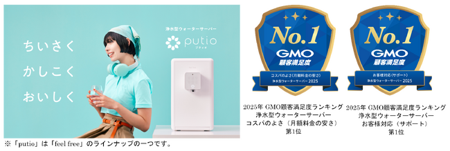 浄水型ウォーターサーバー「feel free putio」が、「2025年 GMO顧客満足度ランキング 浄水型ウォーターサーバーコスパのよさ（月額料金の安さ）・お客様対応（サポート）」第1位受賞！