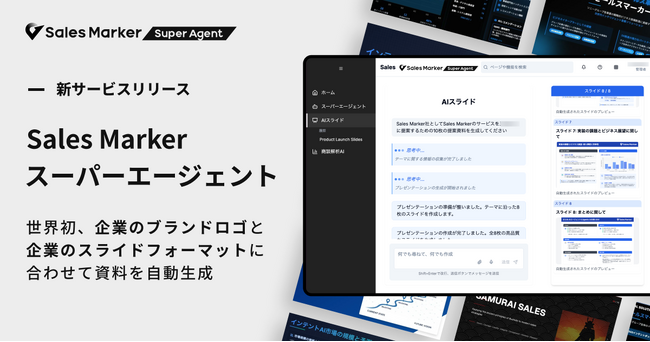 世界初(※1)「Sales Marker スーパーエージェント」をリリース。第一弾として、リサーチから企業のコーポレートブランドに合わせたスライドの自動生成までを行う「AIスライド」の提供を開始