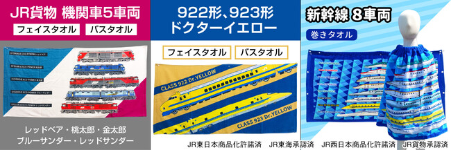 ＪＲ貨物　機関車５車両、新旧ドクターイエロー、新幹線８車両がデザインされたフェイスタオル・バスタオル・巻きタオル各種を新発売！