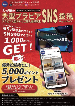 SONYテレビ65型以上ご購入→SNS投稿でノジマポイント1,000円分がもらえちゃう！
