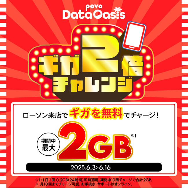 povo、データが無料でもらえる「povo Data Oasis」ローソン50周年を記念して「ギガ2倍チャレンジ」を開催