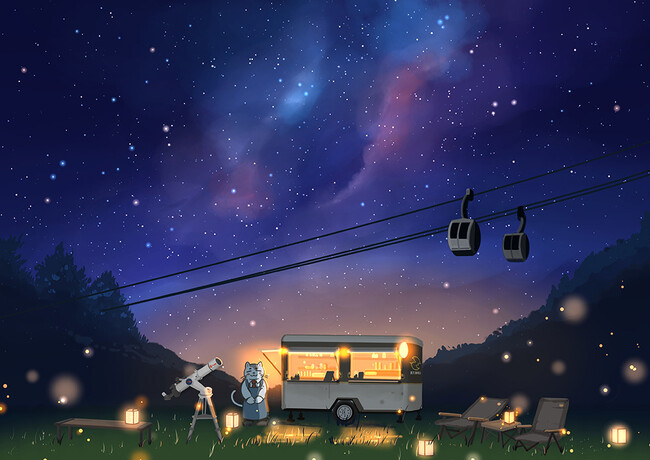 キンコーズ　満月珈琲店 新作イラスト「七夕・天の川」で星空の世界を紹介　～「日本一の星空が誘う 阿智村への旅」6月23日からツクル・ワーク新宿で展示～